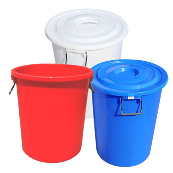 万尊 加厚塑料水桶红色带盖60L 工业储水圆桶带盖大桶化工胶桶厨房大号垃圾桶