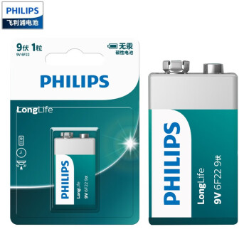 飞利浦（PHILIPS）碳性9V电池1粒适用玩具/万用表/烟雾报警器/麦克风/遥控器/话筒等9V方块电池6F22