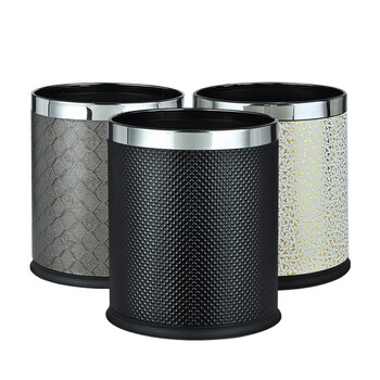 兰诗 CY127 圆形客房垃圾桶 酒店直投果皮桶双层皮革不锈钢圈房间桶 白色水立方10L