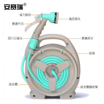 安赛瑞 高压软管收纳架 便携式迷你水管车套装 11.5米pvc软管浇花水枪 强力冲洗 27158