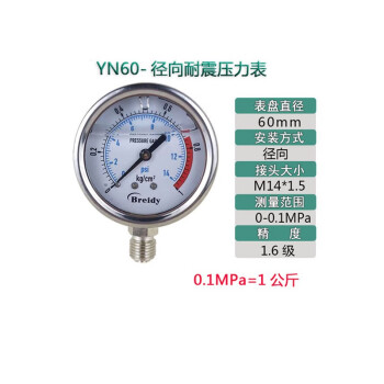 京致 Breidy压力表YN60不锈钢耐震气压表水压表液表压油压力表0.1mpa（定制）