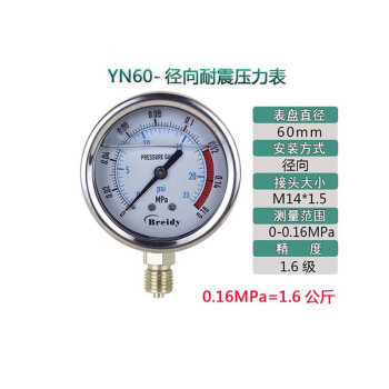 京致 Breidy压力表YN60不锈钢耐震气压表水压表液表压油压力表0.16mpa（定制）