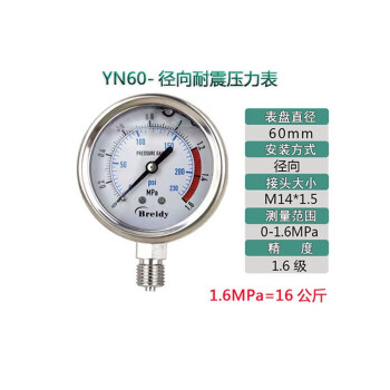 京致 Breidy压力表YN60不锈钢耐震气压表水压表液表压油压力表1.6mpa（定制）