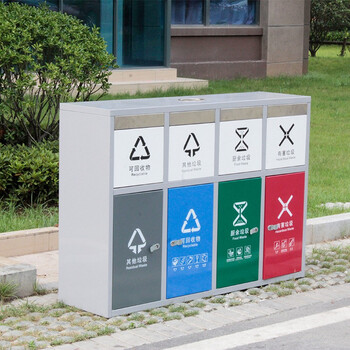 伏兴 不锈钢四分类垃圾桶 户外垃圾桶环卫分类垃圾箱果皮箱定做 2个起订 连体带盖1.3*0.4*1米