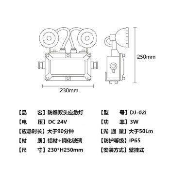 东君 消防防爆双头应急灯 3W白光 安全出口防爆低压疏散应急指示灯 24V IP65 DJ-02I