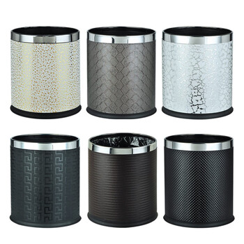 益美得 CY117 圆形客房垃圾桶 酒店卧室无盖直投果皮桶 美观防漏阻燃双层皮革不锈钢圈房间桶 黑色钻点纹10L