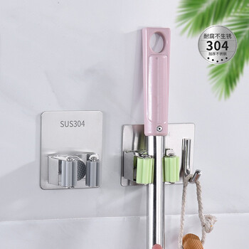 庄太太 绿色带钩 304不锈钢卫生间扫把拖把免打孔粘胶挂钩ZTT8049