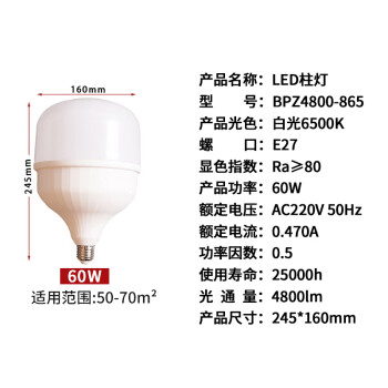 开尔照明（CARE） LED节能灯泡  E27大螺口物业工厂商用 60W 白光6500K 柱形灯 T160