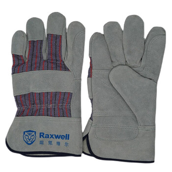 Raxwell RW2513 半皮手套定做 掌心加固 耐磨牛皮焊工手套电焊劳保手套 条纹背布 12副/袋