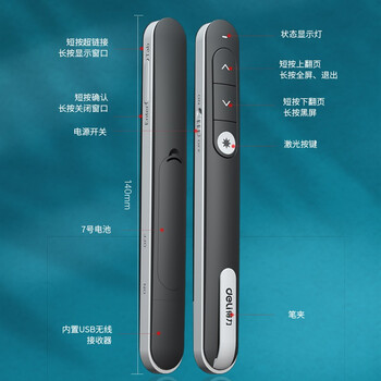 得力(deli)100m遥控教鞭翻页器 PPT翻页笔 投影笔激光翻页笔演示笔电子笔演讲笔 无线演示器 红光 灰色33013