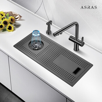 阿萨斯asras6026nx纳米金刚黑色吧台水槽304不锈钢小单槽高压洗杯器