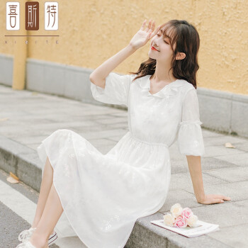 喜斯特轻奢高端春夏季2021年新款白色雪纺连衣裙喇叭袖小清新印花显瘦