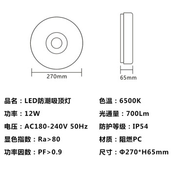 东君 LED防潮吸顶灯 过道走廊楼道照明灯 DJ-03A 12W 白光