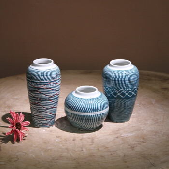 新中式手工刀刻陶瓷花瓶摆件创意软装家居装饰品小花插桌面摆设绿色刀