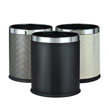 益美得 CY127 圆形客房垃圾桶 酒店卧室无盖直投果皮桶美观防漏阻燃双层皮革不锈钢圈 房间桶 白色水立方10L