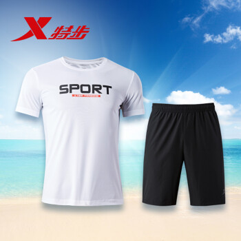 特步短袖T恤男2022夏季新款男士运动短T运动上衣休闲上衣 套装-白色 S