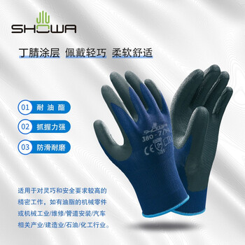 尚和手套(SHOWA) 丁腈涂掌手套 压纹微发泡耐磨防滑维修劳保手套380 M码 1双 300485