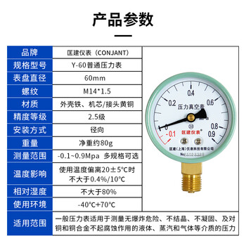 匡建仪表（CONJANT）Y-60压力表 径向指针式 水压表油压表气压表压力表 表盘直径60mm -0.1+0.9MPa