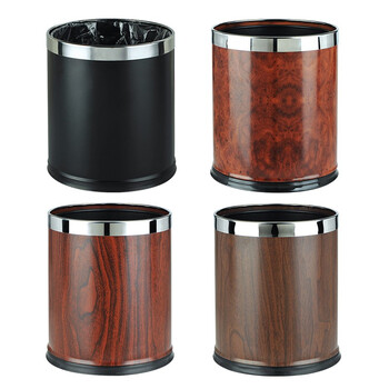 益美得 CY137 圆形客房垃圾桶 无盖直投酒店卧室果皮桶防漏美观双层铁烤漆 房间桶 可定制 红桃木纹10L