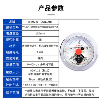 匡建仪表（CONJANT）YTNXC-100ZT耐震电接点压力表 轴向带边 水压表油压表气压表压力表 0-40MPa