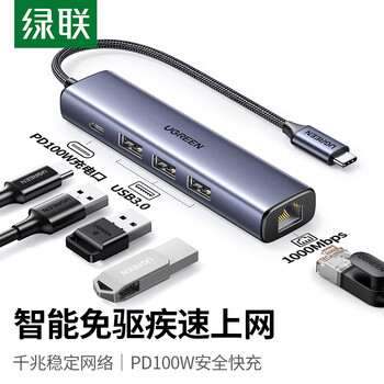绿联Type-C扩展坞千兆拓展坞网口转换器网线转接头雷电4分线器USB通用Mac苹果华为联想电脑Switch掌机