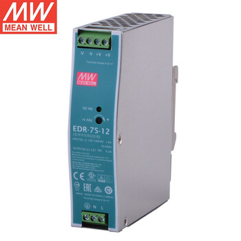 明纬（MEANWELL）开关电源12v  EDR-75-12 导轨安装开关电源(75W左右) EDR-75-12 12V6.3A输出 6.3A 12V 