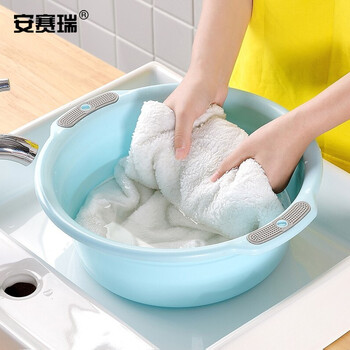 安赛瑞 塑料洗脸盆 带孔双耳盆 工厂食堂车间加厚可壁挂清洗盆 中号 蓝色 710819