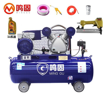 鸣固 空压机皮带机220V工业型气泵皮带式空气压缩机蓝配银V-0.25/8(单相）2.2KW（整机四件套+F30钉枪+机油）