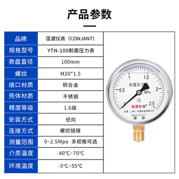 匡建仪表（CONJANT）YTN-100耐震压力表 径向0-2.5MPa 压表油压表气压表 表盘直径100mm