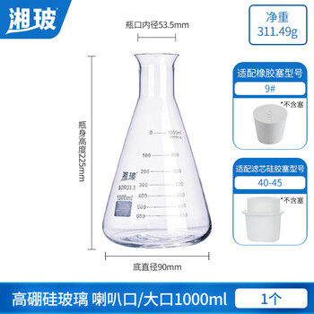 湘玻 玻璃烧瓶三角烧瓶锥形瓶平底圆底烧瓶加厚高硼硅耐高温带刻度实验室【三角烧瓶】喇叭口/大口1000mL 1个