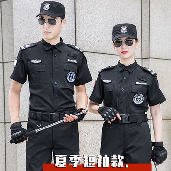 鸣固 短袖训练服 保安体能训练服套装 黑色岗亭物业工作制服（上衣+裤子） 165/M