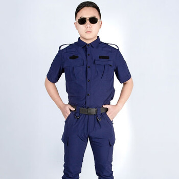 安美尚 ams 短袖速干套装 保安工作服套装 男士春夏薄款安保执勤作训服 蓝色 定做 L码 1套