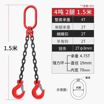 艾科堡 起重吊索具链条吊钩4吨2腿1.5米 G80锰钢吊链索具组合AKB-DSJ-80