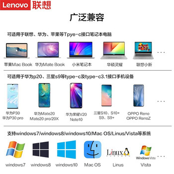 联想Type-C扩展坞USB分线器USB-C转HDMI/VGA/千兆网口笔记本电脑拓展坞小新拯救者9口铝合金扩展坞F1-C09