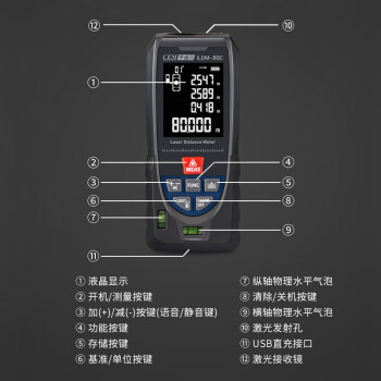 华盛昌(CEM)ILDM-80C多功能手持式激光测距仪 高精度红外线量房仪 室内建筑测量尺电子尺USB直充