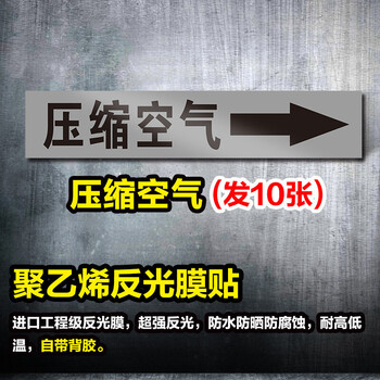 鸣固 管道标识贴 流向介质管路警示牌 消防工业箭头标签贴4*20cm 压缩空气 10张起订 