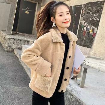 短款宽松加厚仿皮毛一体2021季羊羔绒羊剪绒上衣卡其色l建议101115斤