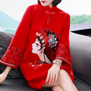民族风女装本命年中国风改良旗袍连衣裙过年红色新年衣服女拜年裙显