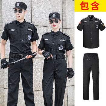 鸣固 短袖训练服 保安体能训练服套装 黑色岗亭物业工作制服套装 160/S 上衣+裤子+标贴 175/XL