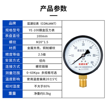 匡建仪表（CONJANT）YE-100膜盒压力表 千帕表天然气表燃气表微压表 0-60kpa