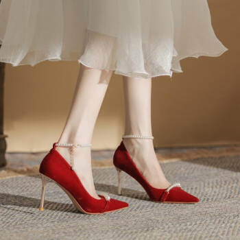足姿媚新娘穿婚鞋女高跟鞋女2022年新款尖头秀禾服新娘鞋浅口细跟 红色 8cm 34