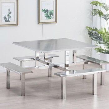 万尊 不锈钢工作桌椅操作台连体式方桌凳 员工餐桌椅食堂组合