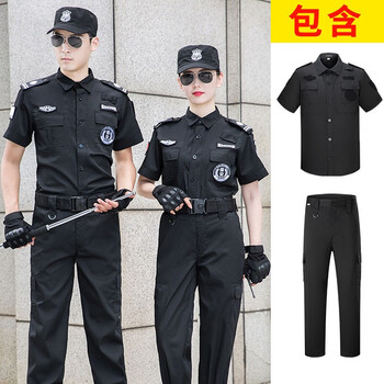鸣固 短袖训练服 保安体能训练服套装 黑色岗亭物业工作制服（上衣+裤子） 165/M