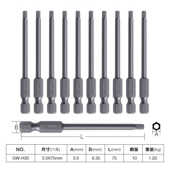 罗宾汉（RUBICON）工业内六角风批嘴GW-H30电动螺丝起子头气动批咀 3.0x75mm 十支装