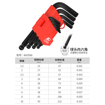 卡夫威尔 内六角扳手套装手动维修工具9件短柄球头KH3586 