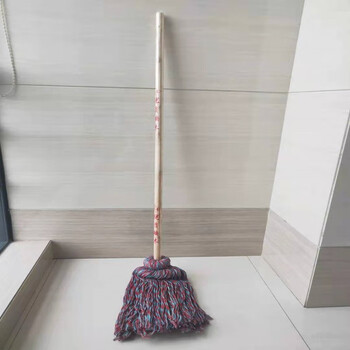 鸣固 老式拖把 棉线墩布白圆头加固木杆 大堂尘推拖布工厂物业吸水拖把 红蓝线