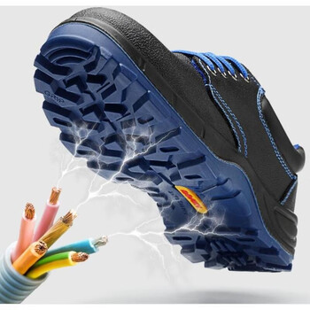 俊步8132牛皮绝缘6KV劳保电工鞋男透气轻便防砸防刺穿塑包头凯夫拉中底安全防护功能鞋柔软防滑耐磨 蓝黑 41