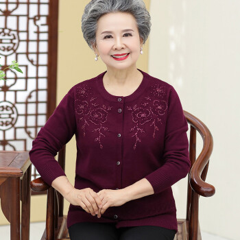 外套女老人羊毛衫太太妈妈套装老年人春秋羊绒开衫薄款紫色m建议85斤