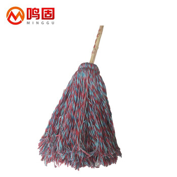 鸣固 老式拖把 棉线墩布白圆头加固木杆 大堂尘推拖布工厂物业吸水拖把 红蓝线