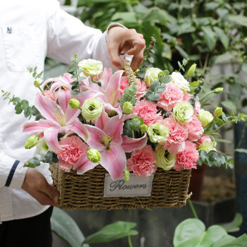 岚黛 鲜花同城配送康乃馨百合混搭手提花篮生日礼物纪念日节日送妈妈